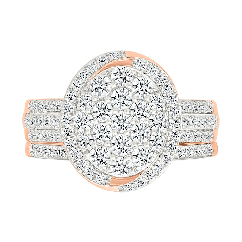 Main Image 1 of 1.23 CT. T.W. Oval-Shaped Multi-Diamond Swirl Frame Triple Row Bridal Set in 10K Rose Gold