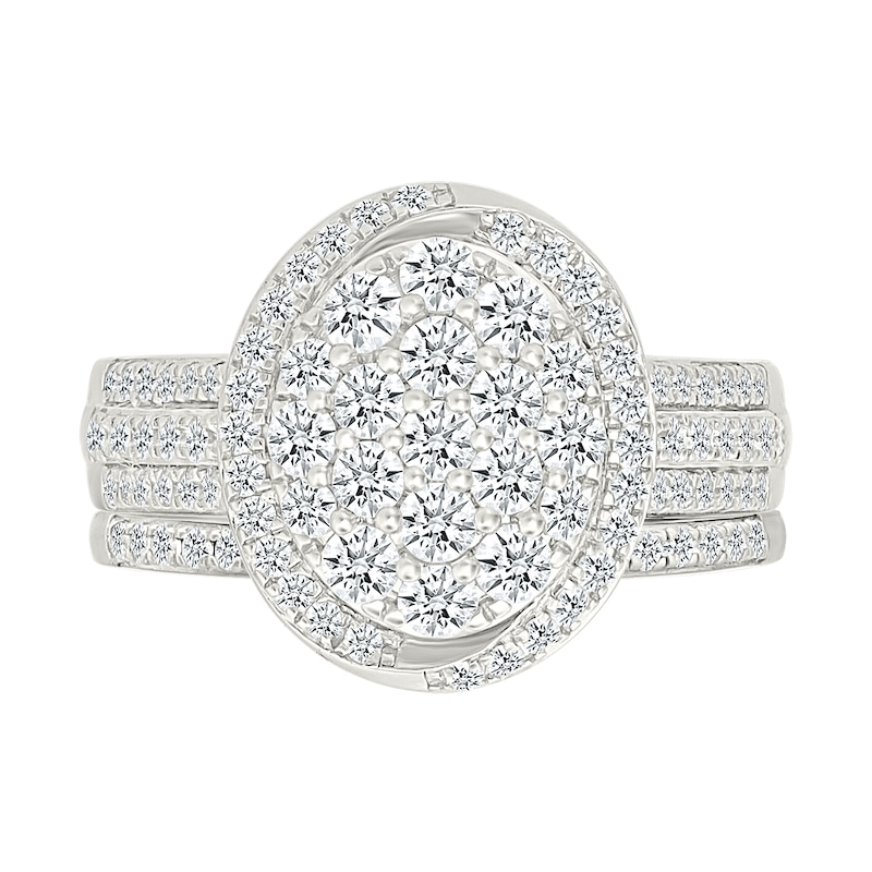 Main Image 1 of 1.23 CT. T.W. Oval-Shaped Multi-Diamond Swirl Frame Triple Row Bridal Set in 10K White Gold
