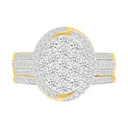 1.23 CT. T.W. Oval-Shaped Multi-Diamond Swirl Frame Triple Row Bridal Set in 10K Gold