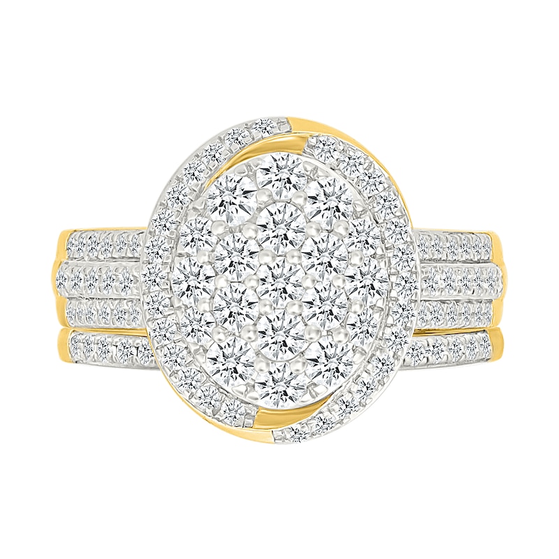 Main Image 1 of 1.23 CT. T.W. Oval-Shaped Multi-Diamond Swirl Frame Triple Row Bridal Set in 10K Gold