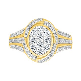 0.95 CT. T.W. Oval-Shaped Multi-Diamond Swirl Frame Triple Row Shank Bridal Set in 10K Gold