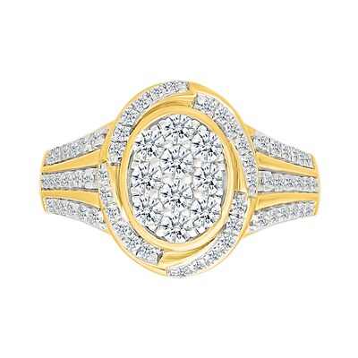 0.95 CT. T.W. Oval-Shaped Multi-Diamond Swirl Frame Triple Row Shank Bridal Set in 10K Gold