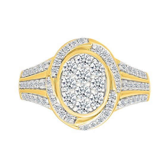 0.95 CT. T.W. Oval-Shaped Multi-Diamond Swirl Frame Triple Row Shank Bridal Set in 10K Gold