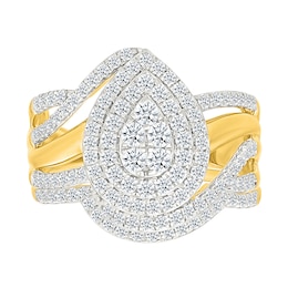 0.95 CT. T.W. Pear-Shaped Multi-Diamond Double Frame Bypass Multi-Row Split Shank Bridal Set in 10K Gold