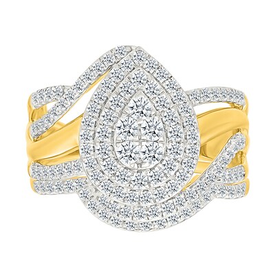 0.95 CT. T.W. Pear-Shaped Multi-Diamond Double Frame Bypass Multi-Row Split Shank Bridal Set in 10K Gold