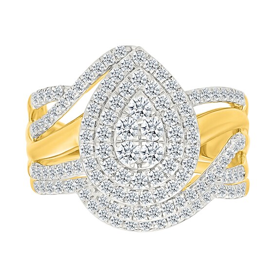0.95 CT. T.W. Pear-Shaped Multi-Diamond Double Frame Bypass Multi-Row Split Shank Bridal Set in 10K Gold