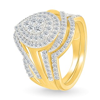0.95 CT. T.W. Pear-Shaped Multi-Diamond Double Frame Bypass Multi-Row Split Shank Bridal Set in 10K Gold