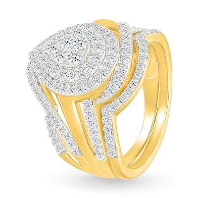 0.95 CT. T.W. Pear-Shaped Multi-Diamond Double Frame Bypass Multi-Row Split Shank Bridal Set in 10K Gold