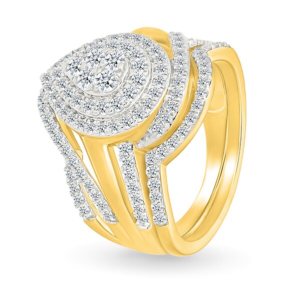 0.95 CT. T.W. Pear-Shaped Multi-Diamond Double Frame Bypass Multi-Row Split Shank Bridal Set in 10K Gold