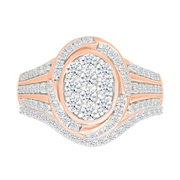 0.95 CT. T.W. Oval-Shaped Multi-Diamond Swirl Frame Triple Row Shank Bridal Set in 10K Rose Gold