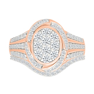 0.95 CT. T.W. Oval-Shaped Multi-Diamond Swirl Frame Triple Row Shank Bridal Set in 10K Rose Gold