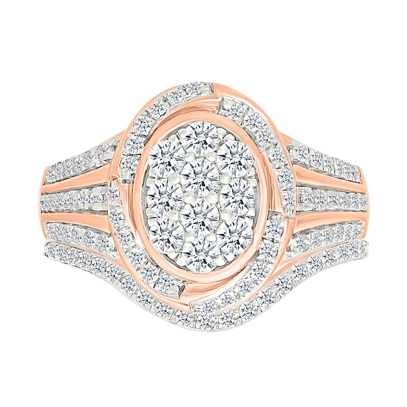Main Image 1 of 0.95 CT. T.W. Oval-Shaped Multi-Diamond Swirl Frame Triple Row Shank Bridal Set in 10K Rose Gold