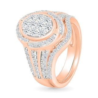 0.95 CT. T.W. Oval-Shaped Multi-Diamond Swirl Frame Triple Row Shank Bridal Set in 10K Rose Gold