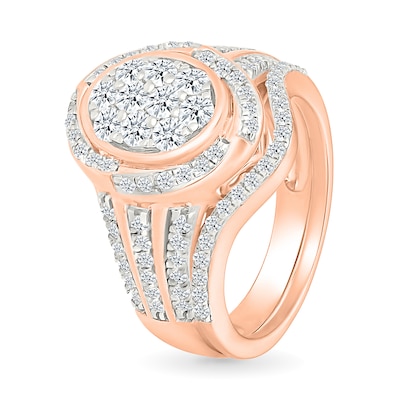 0.95 CT. T.W. Oval-Shaped Multi-Diamond Swirl Frame Triple Row Shank Bridal Set in 10K Rose Gold