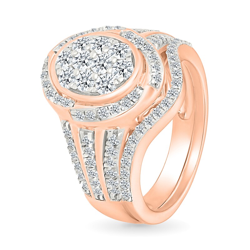 Main Image 2 of 0.95 CT. T.W. Oval-Shaped Multi-Diamond Swirl Frame Triple Row Shank Bridal Set in 10K Rose Gold