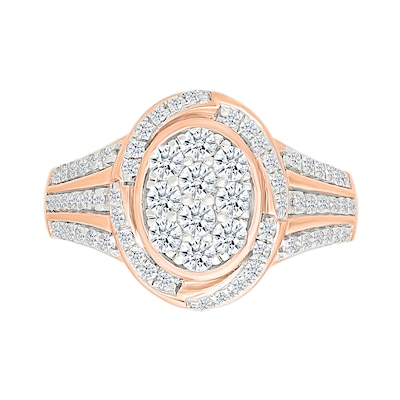 0.95 CT. T.W. Oval-Shaped Multi-Diamond Swirl Frame Triple Row Shank Bridal Set in 10K Rose Gold