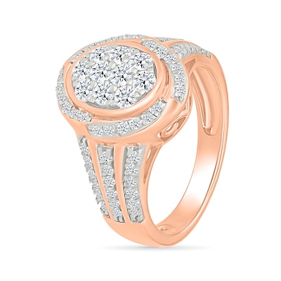 0.95 CT. T.W. Oval-Shaped Multi-Diamond Swirl Frame Triple Row Shank Bridal Set in 10K Rose Gold