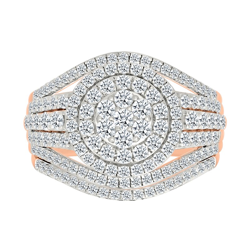 Main Image 1 of 1.23 CT. T.W. Multi-Diamond Double Frame Multi-Row Split Shank Bridal Set in 10K Rose Gold