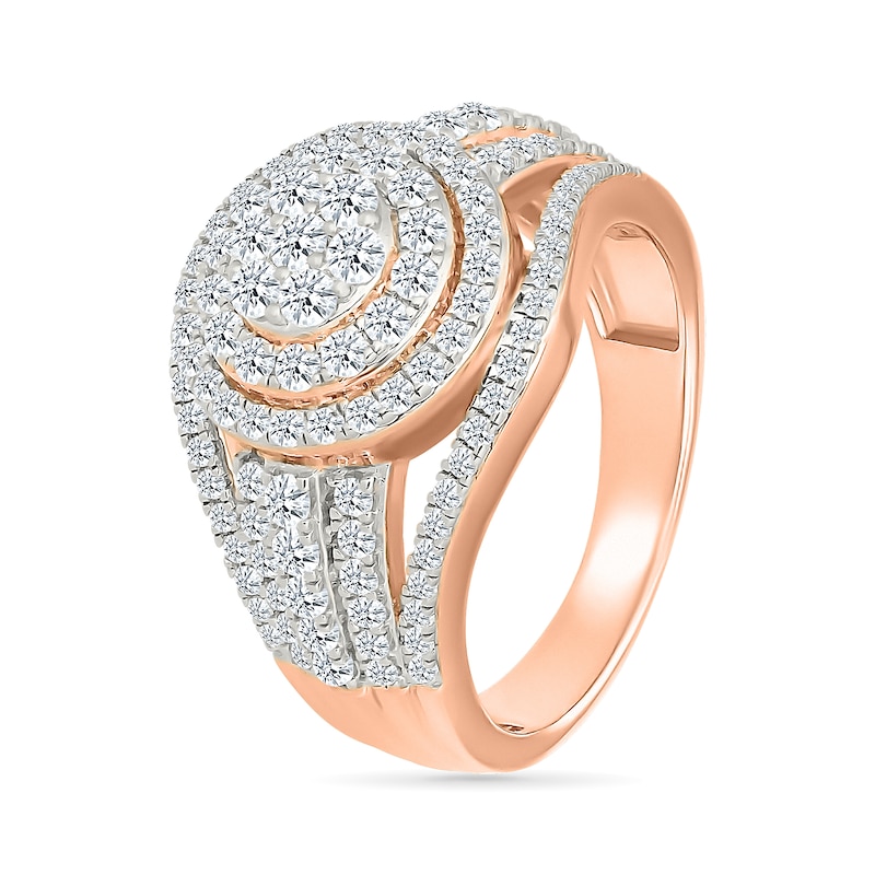 Main Image 4 of 1.23 CT. T.W. Multi-Diamond Double Frame Multi-Row Split Shank Bridal Set in 10K Rose Gold