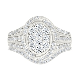 0.95 CT. T.W. Oval-Shaped Multi-Diamond Swirl Frame Triple Row Shank Bridal Set in 10K White Gold