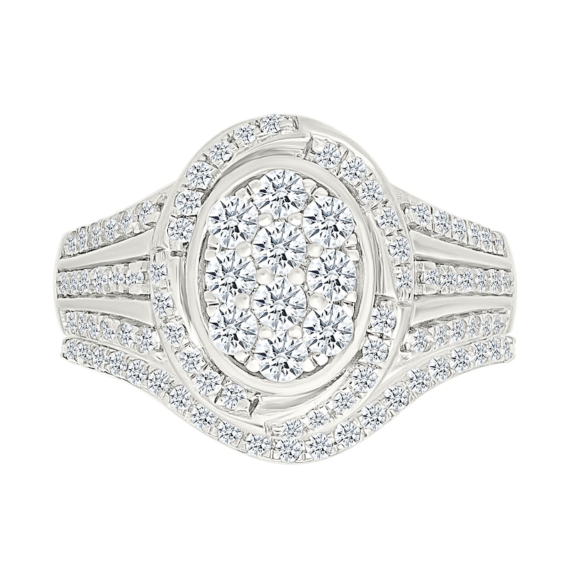 Main Image 1 of 0.95 CT. T.W. Oval-Shaped Multi-Diamond Swirl Frame Triple Row Shank Bridal Set in 10K White Gold