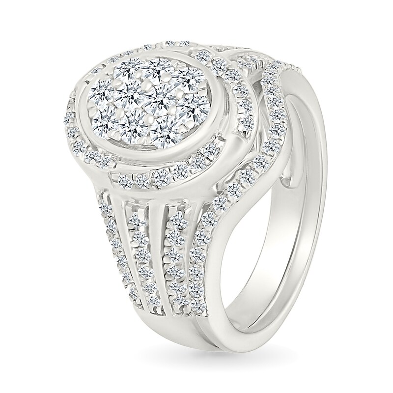 Main Image 2 of 0.95 CT. T.W. Oval-Shaped Multi-Diamond Swirl Frame Triple Row Shank Bridal Set in 10K White Gold