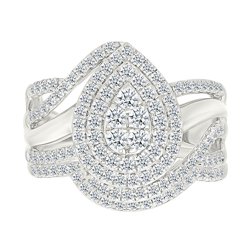 0.95 CT. T.W. Pear-Shaped Multi-Diamond Double Frame Bypass Multi-Row Split Shank Bridal Set in 10K White Gold