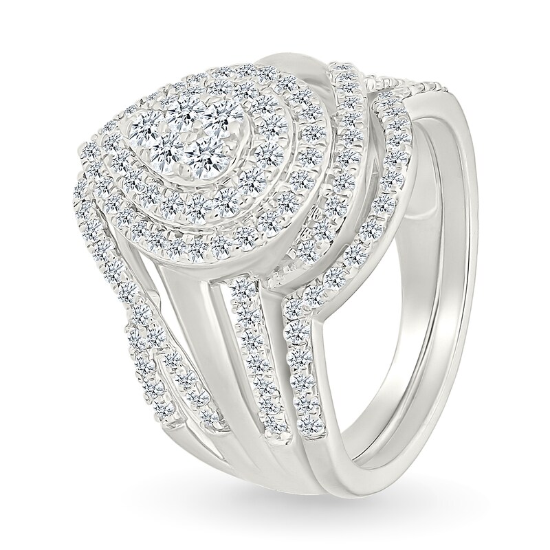 Main Image 2 of 0.95 CT. T.W. Pear-Shaped Multi-Diamond Double Frame Bypass Multi-Row Split Shank Bridal Set in 10K White Gold