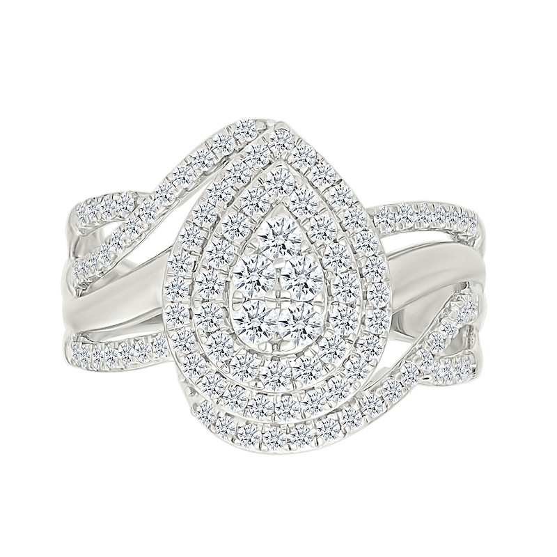 Main Image 3 of 0.95 CT. T.W. Pear-Shaped Multi-Diamond Double Frame Bypass Multi-Row Split Shank Bridal Set in 10K White Gold