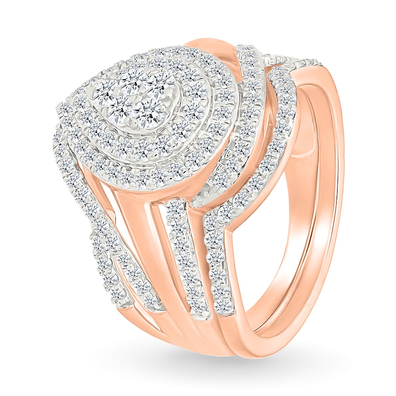 Main Image 2 of 0.95 CT. T.W. Pear-Shaped Multi-Diamond Double Frame Bypass Multi-Row Split Shank Bridal Set in 10K Rose Gold