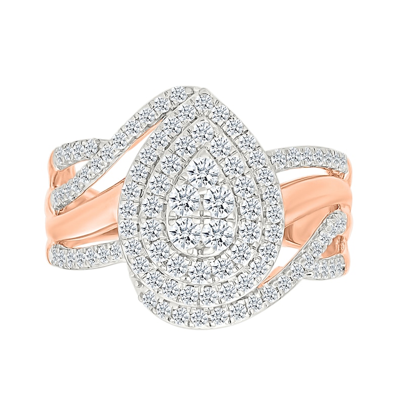 Main Image 3 of 0.95 CT. T.W. Pear-Shaped Multi-Diamond Double Frame Bypass Multi-Row Split Shank Bridal Set in 10K Rose Gold
