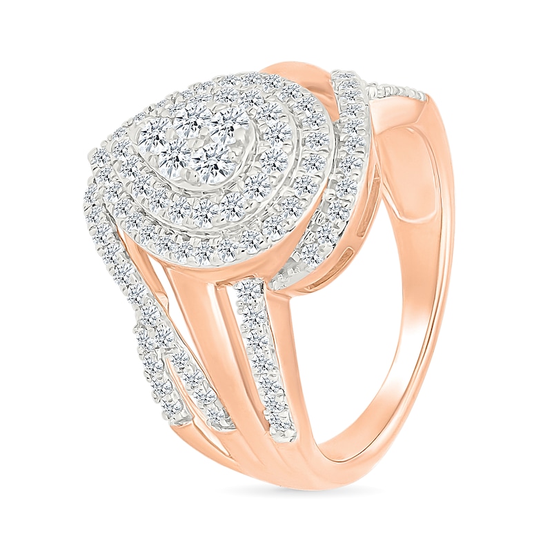 Main Image 4 of 0.95 CT. T.W. Pear-Shaped Multi-Diamond Double Frame Bypass Multi-Row Split Shank Bridal Set in 10K Rose Gold