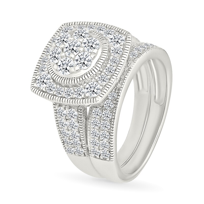 Main Image 2 of 1.45 CT. T.W. Multi-Diamond Cushion Frame Vintage-Style Bridal Set in 10K White Gold