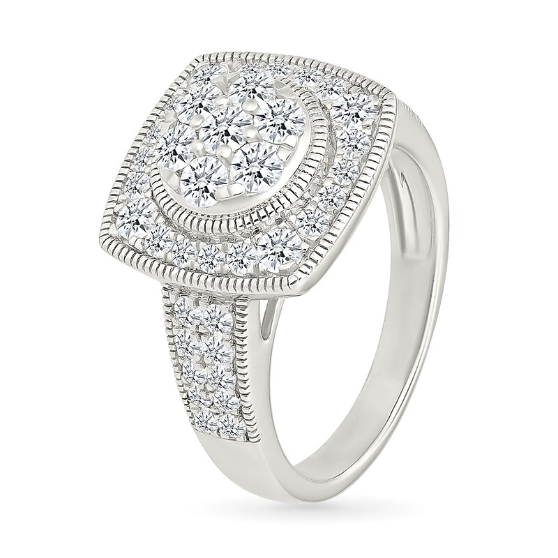 Main Image 4 of 1.45 CT. T.W. Multi-Diamond Cushion Frame Vintage-Style Bridal Set in 10K White Gold