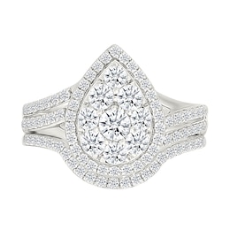 1.23 CT. T.W. Pear-Shaped Multi-Diamond Frame Double Row Bypass Shank Bridal Set in 10K White Gold