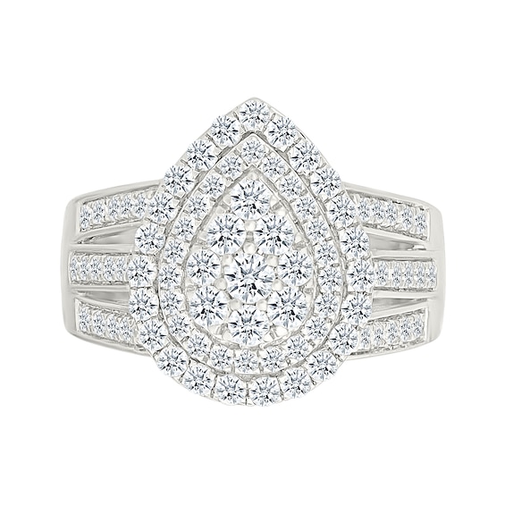 1.45 CT. T.W. Pear-Shaped Multi-Diamond Double Frame Triple Row Split Shank Bridal Set in 10K Gold