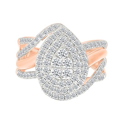 1.23 CT. T.W. Pear-Shaped Multi-Diamond Double Frame Bypass Split Shank Bridal Set in 10K Rose Gold