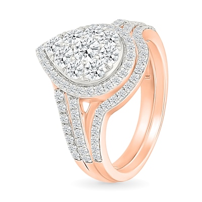 1.23 CT. T.W. Pear-Shaped Multi-Diamond Frame Double Row Bypass Shank Bridal Set in 10K Rose Gold