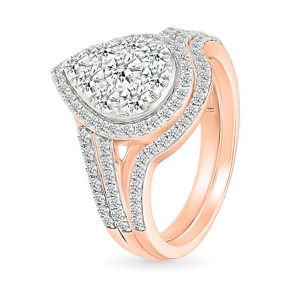 1.23 CT. T.W. Pear-Shaped Multi-Diamond Frame Double Row Bypass Shank Bridal Set in 10K Rose Gold
