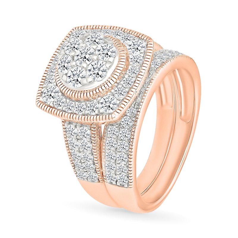 Main Image 2 of 1.45 CT. T.W. Multi-Diamond Cushion Frame Vintage-Style Bridal Set in 10K Rose Gold