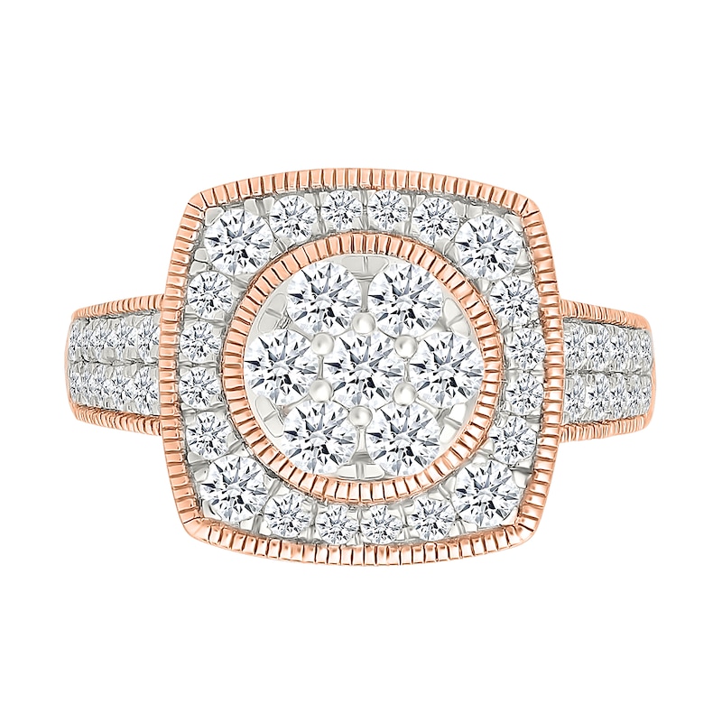 Main Image 3 of 1.45 CT. T.W. Multi-Diamond Cushion Frame Vintage-Style Bridal Set in 10K Rose Gold