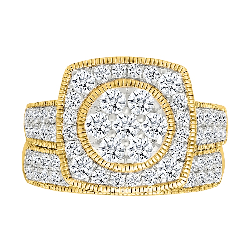 Main Image 1 of 1.45 CT. T.W. Multi-Diamond Cushion Frame Vintage-Style Bridal Set in 10K Gold