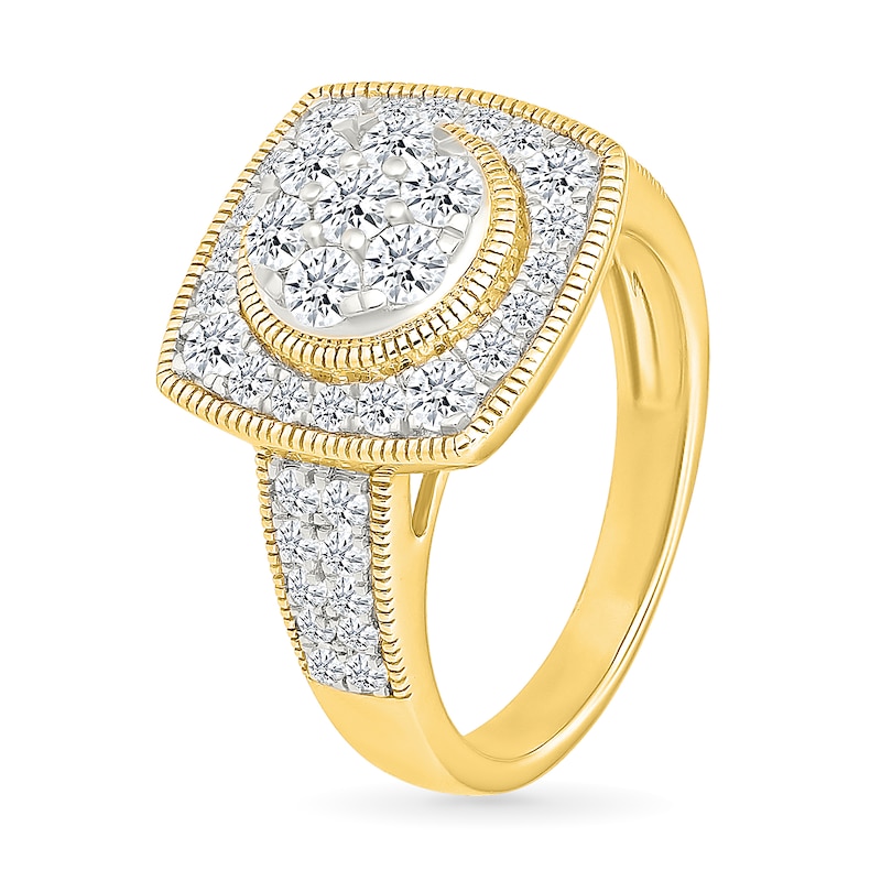 Main Image 4 of 1.45 CT. T.W. Multi-Diamond Cushion Frame Vintage-Style Bridal Set in 10K Gold