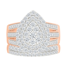 1.45 CT. T.W. Pear-Shaped Multi-Diamond Double Frame Triple Row Split Shank Bridal Set in 10K Rose Gold