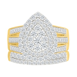 1.45 CT. T.W. Pear-Shaped Multi-Diamond Double Frame Triple Row Split Shank Bridal Set in 10K Gold