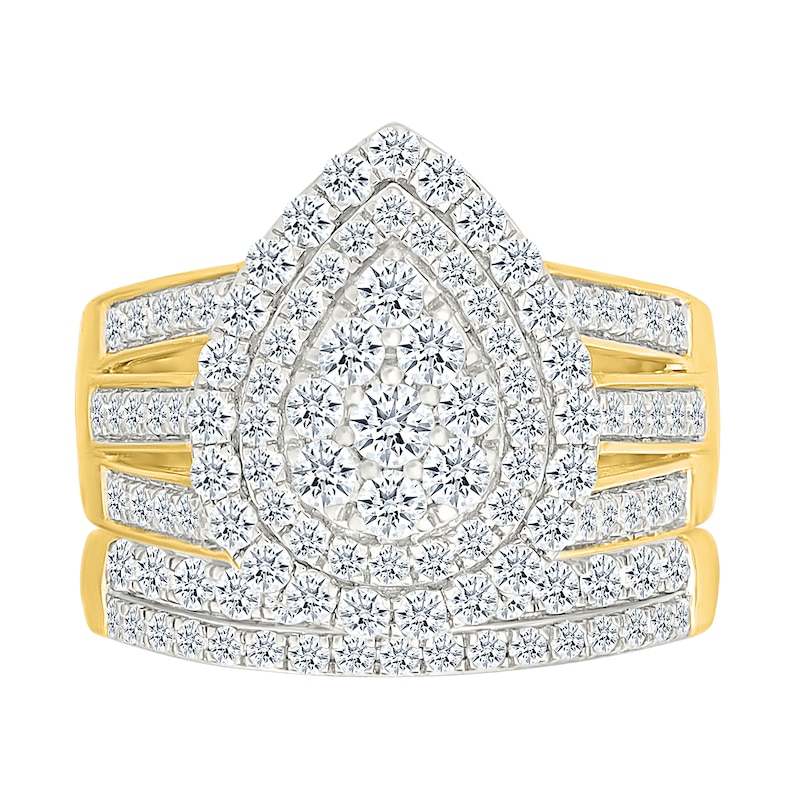 Main Image 1 of 1.45 CT. T.W. Pear-Shaped Multi-Diamond Double Frame Triple Row Split Shank Bridal Set in 10K Gold