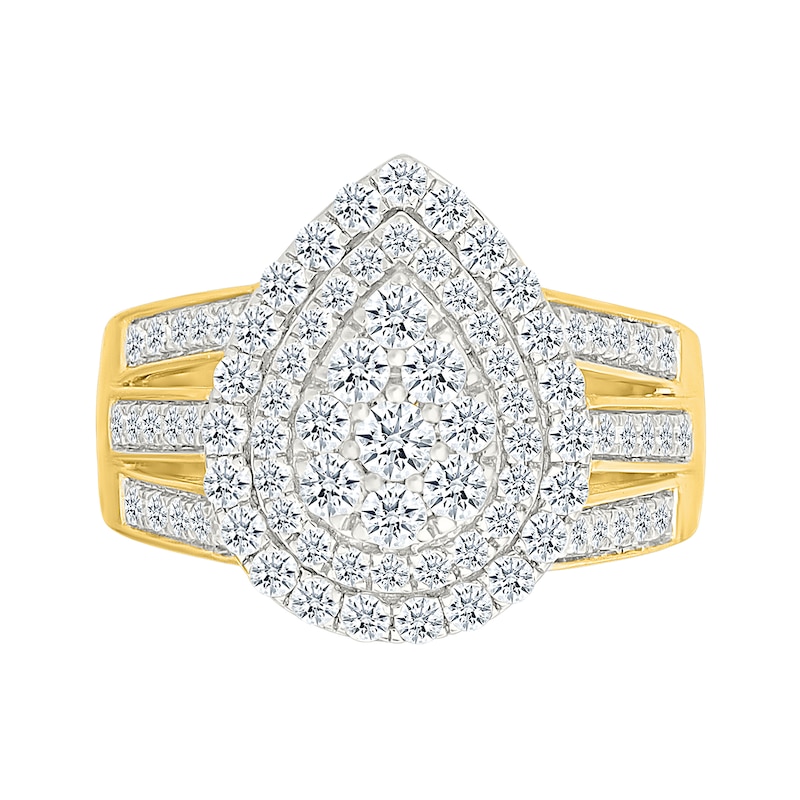 Main Image 3 of 1.45 CT. T.W. Pear-Shaped Multi-Diamond Double Frame Triple Row Split Shank Bridal Set in 10K Gold