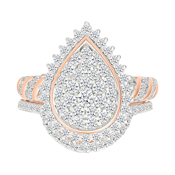 1.23 CT. T.W. Pear-Shaped Multi-Diamond Sunburst Frame Bridal Set in 10K Rose Gold