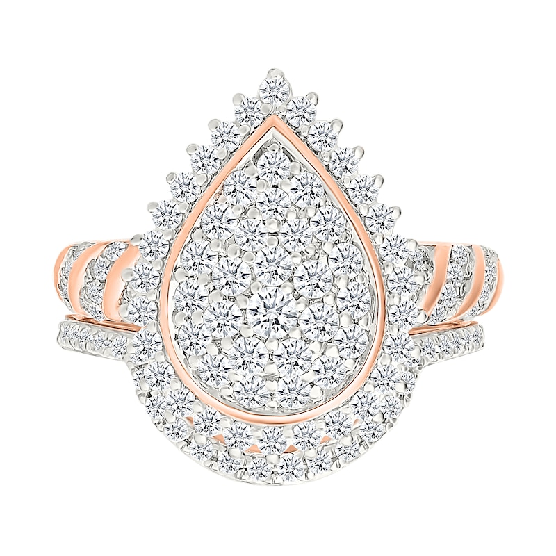 1.23 CT. T.W. Pear-Shaped Multi-Diamond Sunburst Frame Bridal Set in 10K Rose Gold