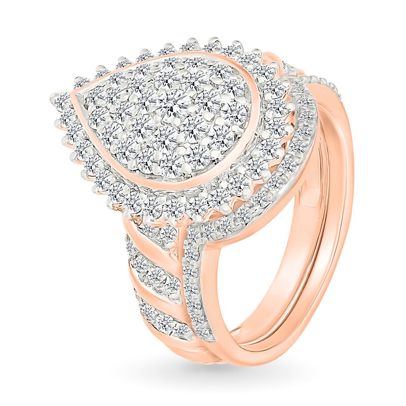 1.23 CT. T.W. Pear-Shaped Multi-Diamond Sunburst Frame Bridal Set in 10K Rose Gold